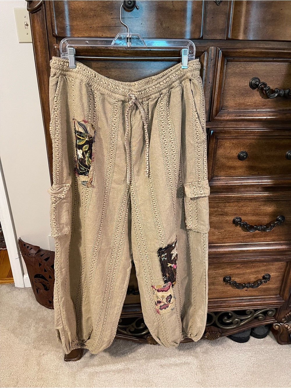 Jaded Gypsy Boho Patchwork Cargo Joggers - Beige